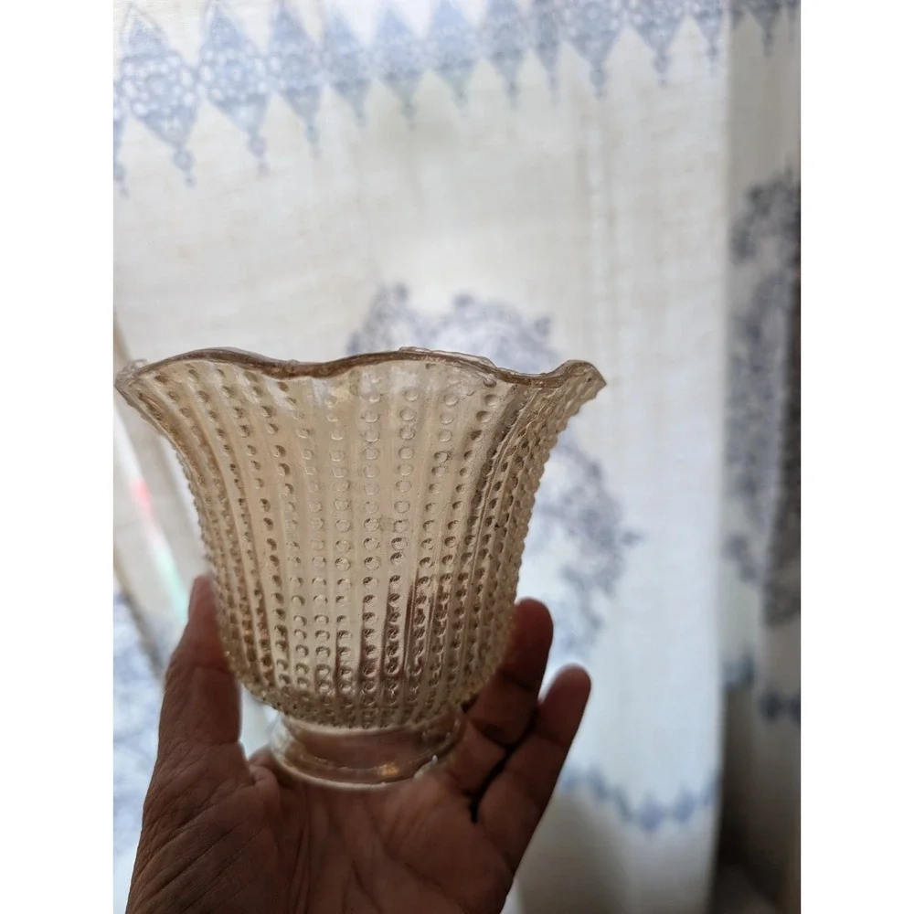 2 VINTAGE GOLD LUSTRE IRIDESCENT CARNIVAL GLASS LAMP LIGHT HOBNAIL SHADES 2